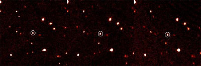These time-lapse images of a newfound planet in our solar system, called 2003UB313, were taken on Oct. 21, 2003, using the Samuel Oschin Telescope at the Palomar Observatory near San Diego, Calif. The planet, circled in white, is seen moving across a fiel